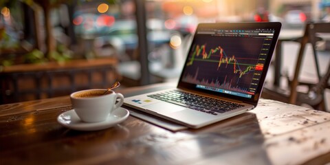 A laptop is open on a table with a cup of coffee next to it. The laptop is displaying a graph on the screen, which suggests that the user might be working on a financial or business project - obrazy, fototapety, plakaty