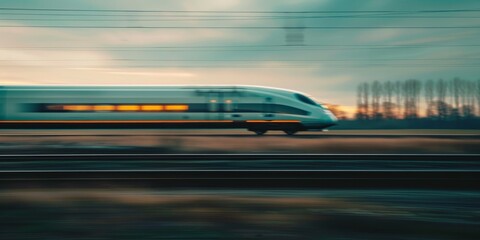 A train is moving down the tracks with the sun setting in the background. The train is long and sleek, and it is moving quickly. The scene is peaceful and serene - obrazy, fototapety, plakaty