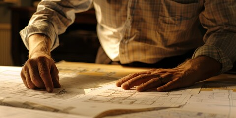 A man is drawing on a piece of paper. He is wearing a blue shirt and a white shirt