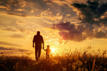 father's day. Silhouettes of father and son on sunset landscape background. Generative AI