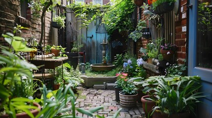 A cozy pocket park tucked away in an urban alley, small space transformed into a green haven