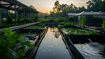 A serene scene of a water conservation system in a sustainable farm, featuring rainwater harvesting tanks