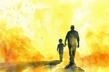 Badkamer foto achterwand father's day. father and son on sunset landscape background. Generative AI © Phichitpon