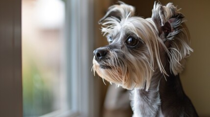 A small dog gazes through the window