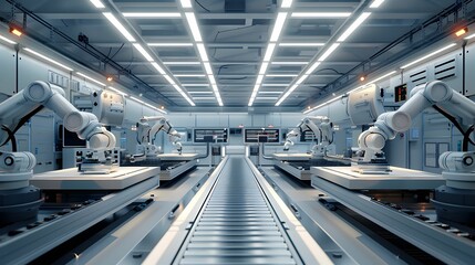 A wide-angle shot of a robotic manufacturing unit, showcasing automated robots assembling high-tech gadgets with precision