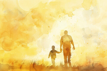father's day. father and son on sunset landscape background. Generative AI - obrazy, fototapety, plakaty