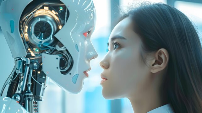 AI robot looking at the scientist who created her