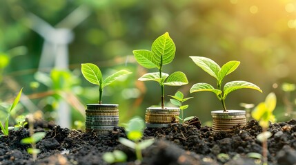 Personal finance and sustainability blend in an app tracking green investments, with a backdrop of renewable energy