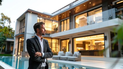 A luxury real estate agent showcasing high-end properties to affluent clients, highlighting luxury real estate market trends. 
