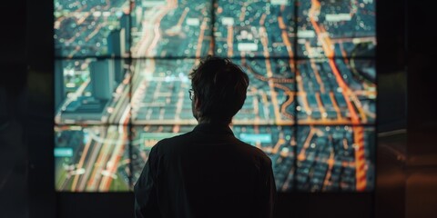 Fototapeta premium A man is looking at a large screen that shows a city. The man is wearing glasses and is standing in front of the screen