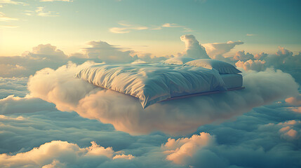 A comfortable bed with fluffy sheets floats on a big cloud floating in the sky. Gives a pleasant feeling.