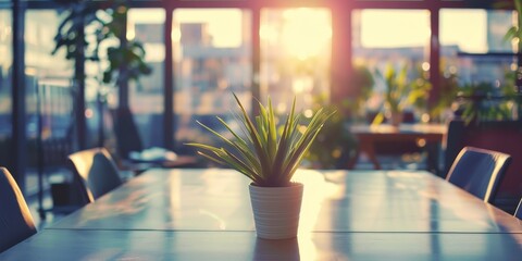 A potted plant sits on a table in a room with a view of the city. The plant is the main focus of the image, and it is a small, green plant. The table is surrounded by chairs - obrazy, fototapety, plakaty
