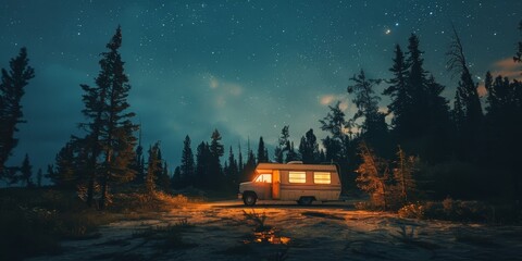 A small white camper van is parked in a forest at night. The scene is peaceful and serene, with the stars shining brightly in the sky. The van is the only source of light in the area, creating a cozy