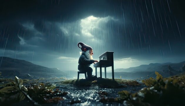 Fantasy Gnome Playing Piano in Rainy Mountain Scene