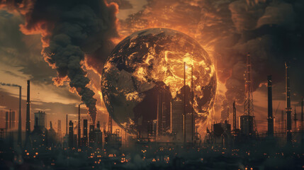 Animated depiction of financial symbols and industrial smoke enveloping the globe, leading to its fiery destruction, - obrazy, fototapety, plakaty