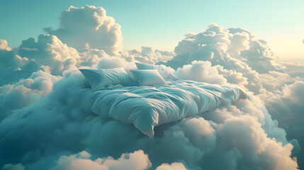 A comfortable bed with fluffy sheets floats on a big cloud floating in the sky. Gives a pleasant feeling. - obrazy, fototapety, plakaty