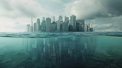 Animated visualization of sea levels rising to engulf symbols of financial markets and industrial complexes,