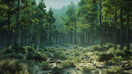 Animation of a lush forest transforming into a dark, lifeless area due to logging and land use change,