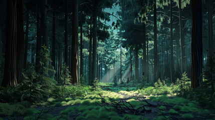 Animation of a lush forest transforming into a dark, lifeless area due to logging and land use change,