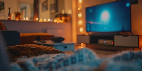 Naklejka premium A cozy living room with a television on a stand. A person is laying on a blanket in front of the television
