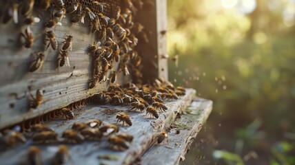 Close-up of numerous bees swarming around wooden beehive on sunny day, illustrating bee activity - obrazy, fototapety, plakaty