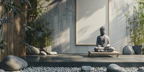 A statue of Buddha sits on a wooden bench in a garden. The statue is surrounded by rocks and plants, creating a peaceful and serene atmosphere. The garden is a perfect place for meditation