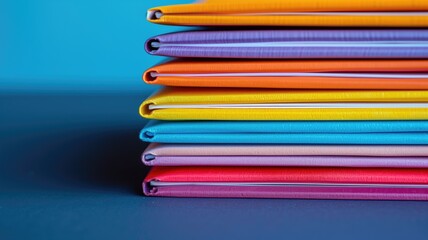 Vibrant stack of colorful notebooks with spiral bindings on blue background - obrazy, fototapety, plakaty