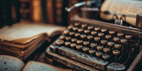 An old typewriter sits on a table next to a book. The typewriter is old and has a vintage look to it. The book is open to a page with writing on it - obrazy, fototapety, plakaty