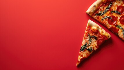 Two slices of pepperoni pizza on red background - obrazy, fototapety, plakaty