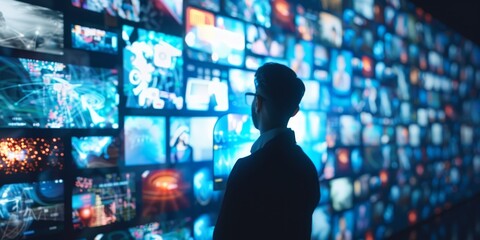 A man stands in front of a wall of television screens, looking at the images. The screens are filled with various images, including a man in a hat and a woman in a white shirt