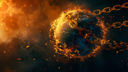 Artistic portrayal of Earth as a burning orb, with chains of gold and oil barrels locked around it, symbolizing financial and industrial chains,