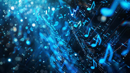 Artistic rendering of a digital symphony, with blue notes and rhythms composing a melody of technology, - obrazy, fototapety, plakaty