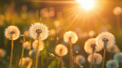 Dandelions bask in sun rays
