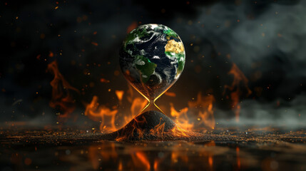Artistic rendering of Earth as an hourglass, with its sand running out amidst flames, symbolizing the urgent countdown to climate action,