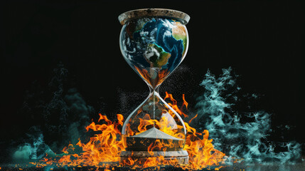 Artistic rendering of Earth as an hourglass, with its sand running out amidst flames, symbolizing the urgent countdown to climate action,