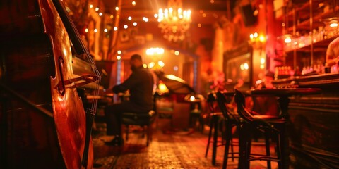 A man is playing the cello in a dimly lit bar. The bar is filled with people and has a cozy atmosphere - obrazy, fototapety, plakaty