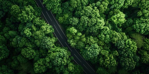 Birds-eye view of green forest below, separated by winding asphalt road. Luxurious aesthetic background. Generative AI