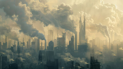 Concept art of cityscapes overshadowed by towering dark smog clouds, a stark contrast to a clean energy future, - obrazy, fototapety, plakaty