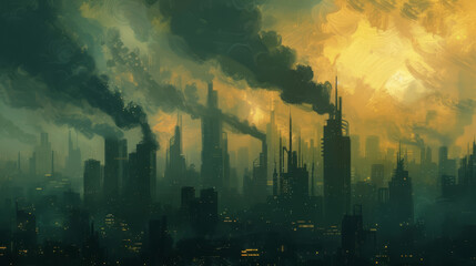 Concept art of cityscapes overshadowed by towering dark smog clouds, a stark contrast to a clean energy future, - obrazy, fototapety, plakaty