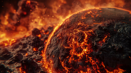 Concept art of Earth's continents charred and smoldering, a stark warning of the climate crisis fueled by unchecked industrial growth,