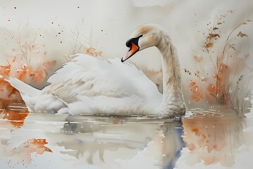 Oil painting digital art prints wall art features white swan swimming in the pond, farmhouse decor, nature theme