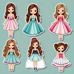 Pegatinas diseño 3d seis muñecas con distintos vestidos