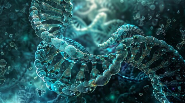 Within the image multiple layers of nucleic acid structures overlap and intertwine forming a maze that seems to have no end. The intricate