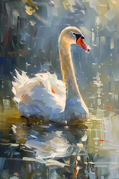 Oil painting digital art prints wall art features white swan swimming in the pond, farmhouse decor