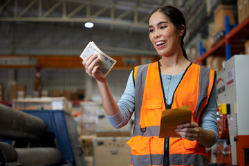 factory worker smiling and counting money from envelope in the warehouse storage