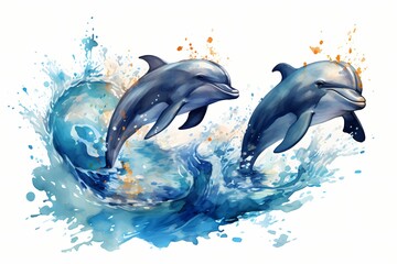 Playful dolphins leaping joyfully through ocean waves, splashes frozen in a moment of exuberance, isolated on white solid background