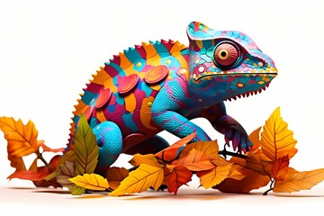 Intricately patterned chameleon blending into vibrant foliage, isolated on white solid background