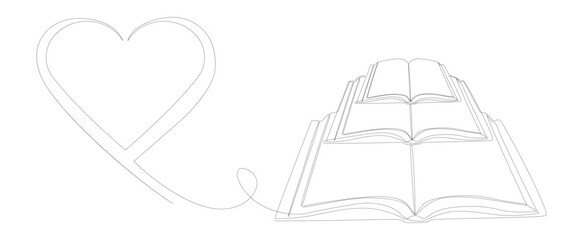 One continuous line of Book with Heart. Thin Line Illustration vector concept. Contour Drawing Creative ideas.