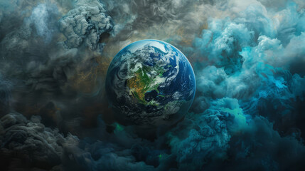 Conceptual art of the Earth, its blue and green beauty obscured by a dense, dark cloud of pollution and negligence,