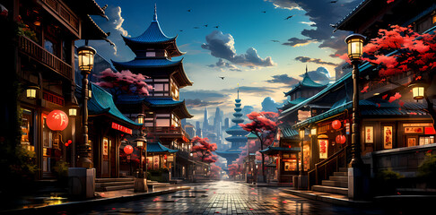 Traditional Eastern Streets with Futuristic Cityscape